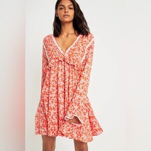 Free People Orange Floral Flowy Bell Sleeve Tunic Dress